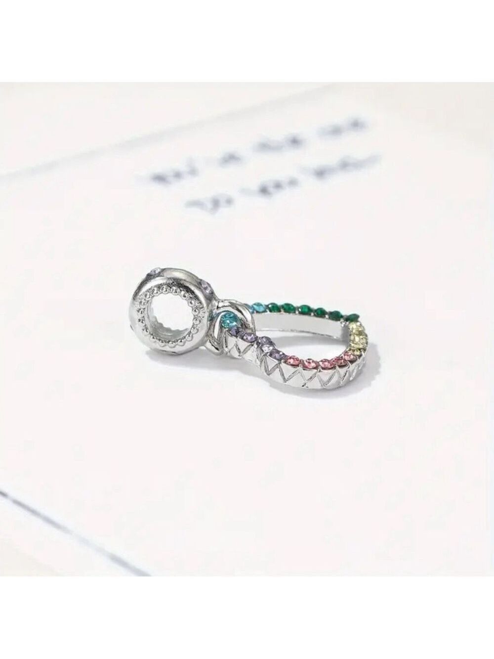 New Silver Heart Rainbow CZ Rhinestone Charm Bracelet Bead - Picture 2 of 2